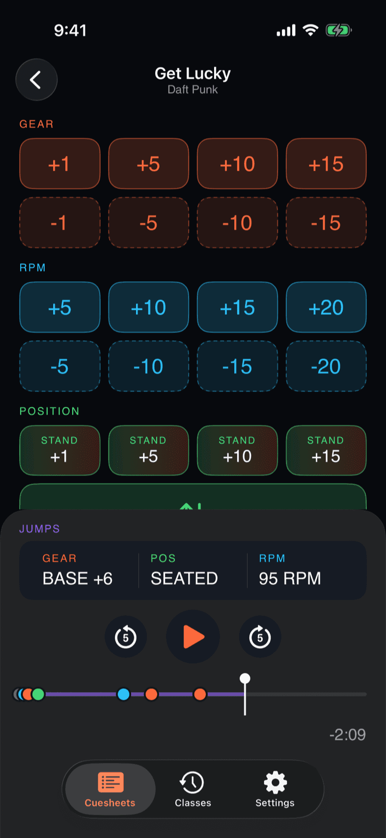 Cuesheet Segment Detail screen — track timelines with colour-coded cue pins