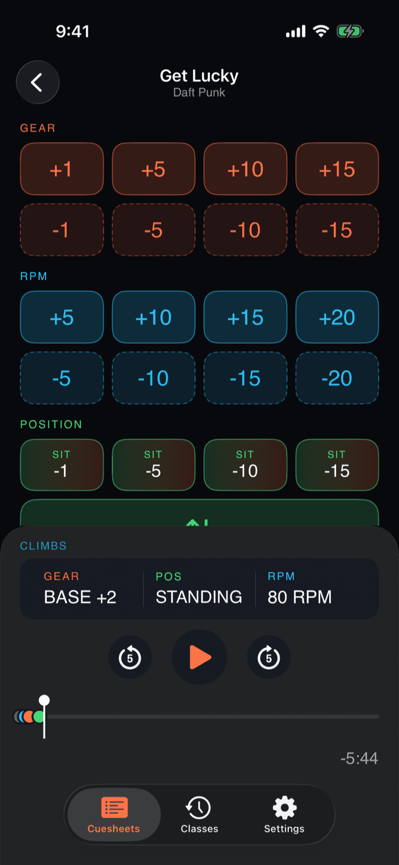 Cuesheet builder screen — listen to a track and tap to drop cues that snap to the beat
