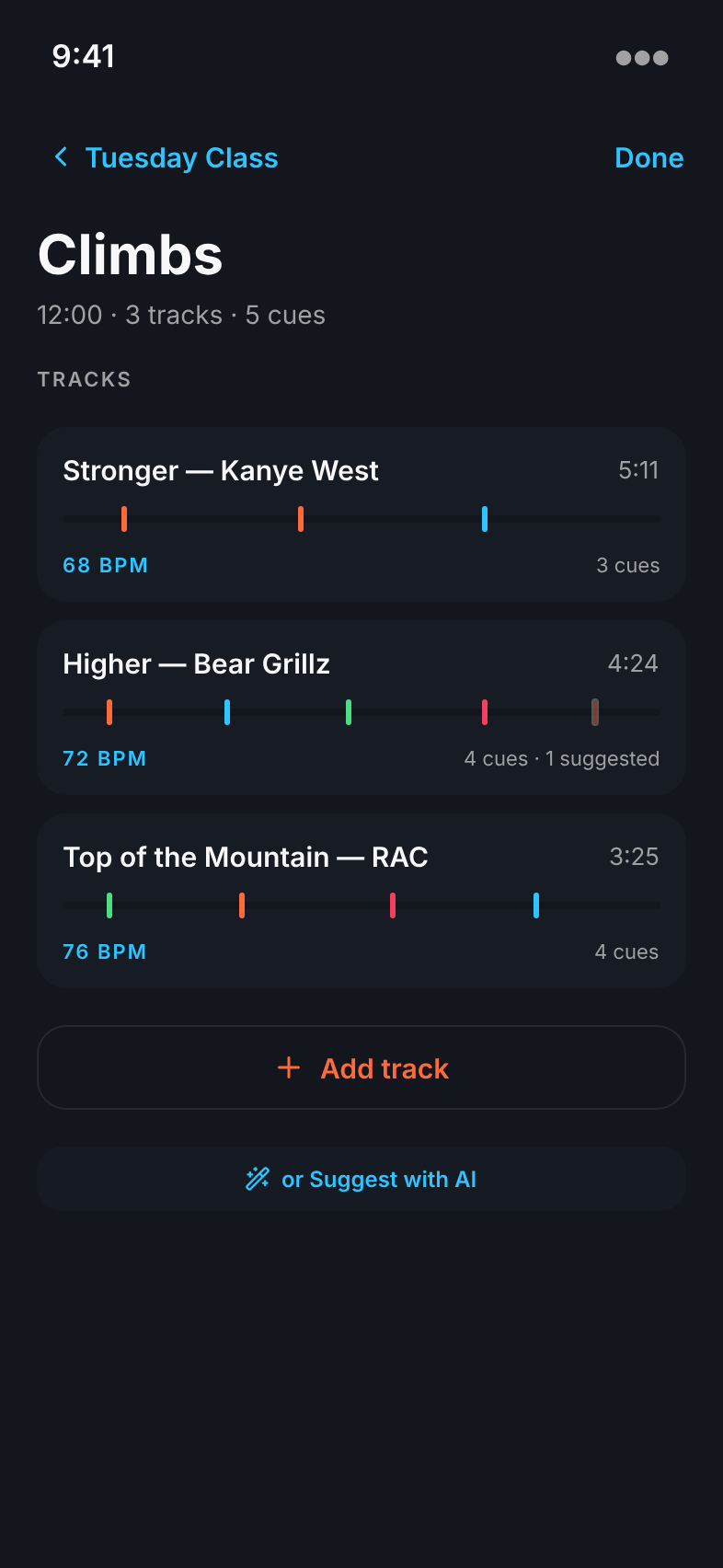 Cuesheet Segment Detail screen — track timelines with colour-coded cue pins
