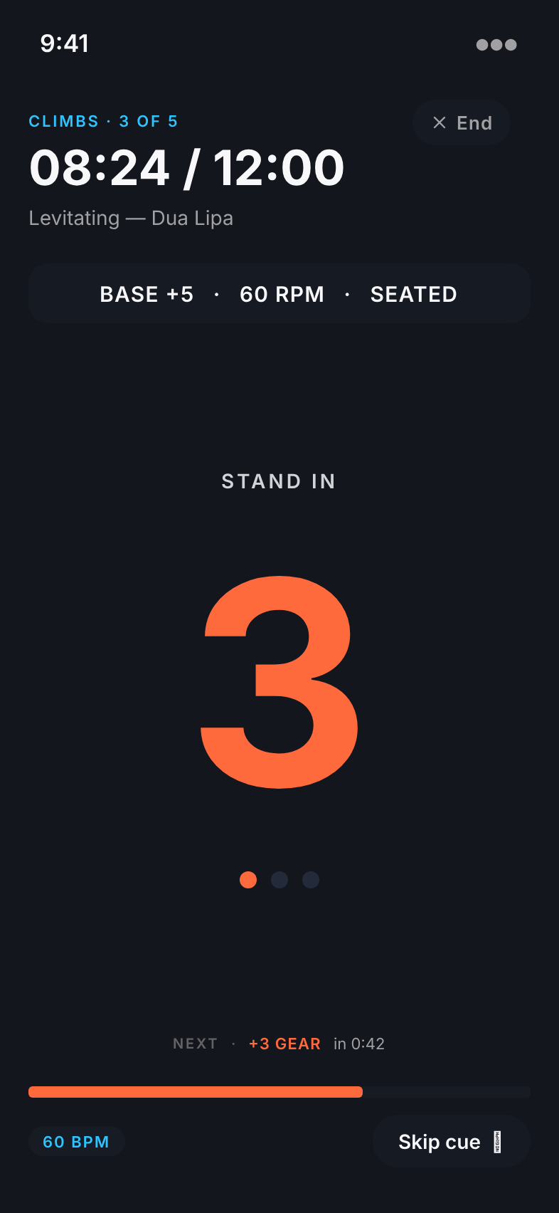Cuesheet Run Mode screen — large countdown numeral with persistent target line