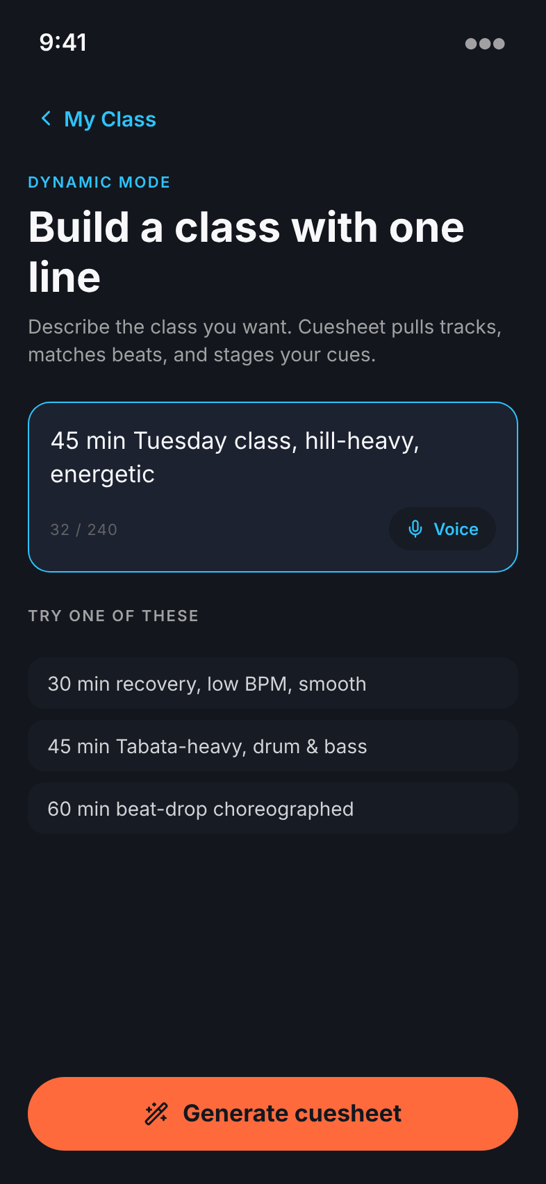 Cuesheet Dynamic Mode screen — type a one-line brief and the AI builds a complete cuesheet
